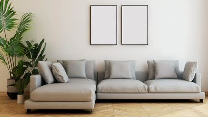 Room with big grey sofa and pillows, plant, wooden floor, and 2 empty frames. 3d illustration. 3d rendering