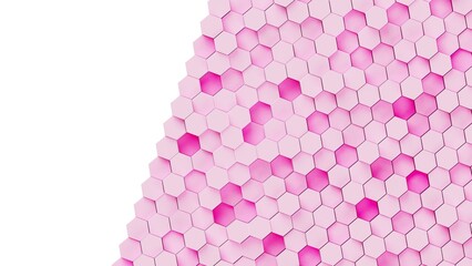 Abstract background with waves made of pure pink futuristic honeycomb mosaic geometry primitive forms that goes up and down under white back-lighting. 3D illustration. 3D CG. High resolution.