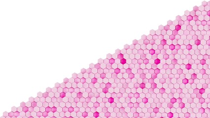 Abstract background with waves made of pure pink futuristic honeycomb mosaic geometry primitive forms that goes up and down under white back-lighting. 3D illustration. 3D CG. High resolution.