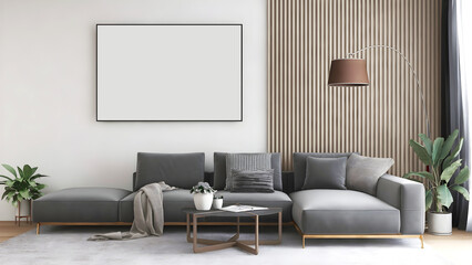 Interior room with grey sofa, brown hanging lamp, table, plants, wooden partition wall, and big frame. 3d illustration. 3d rendering