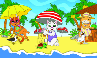 Obraz na płótnie Canvas cat playing on the beach