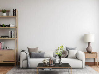 Mid-century mockup room with empty wall, 2 white sofa and pillows, table lamp, table, and wooden bookshelves. 3d illustration. 3d rendering