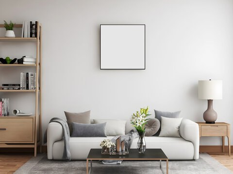 Mid-century mockup room with a square empty frame, 2 white sofa and pillows, table lamp, table, and wooden bookshelves. 3d illustration. 3d rendering