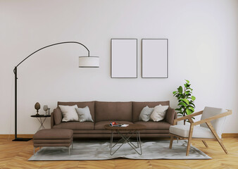 Mid-century mockup room with 2 empty frames, brown sofa, white chair, and floor lamp. 3d illustration. 3d rendering