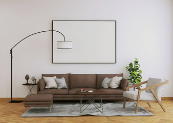 Mid-century mockup room with big empty frames, brown sofa, white chair, and floor lamp. 3d illustration. 3d rendering