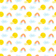 Kawaii kids collection with yellow planets and rainbow. Seamless pattern. Vector drawing on a white background. Use for interior, birthday and shower, baby and gender party, clothing prints.