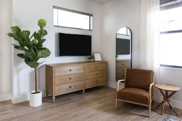 Bedroom dresser next to plant, mirror, and chair, with tv hanging on wall