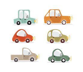 Set of different cute car icons, kids illustration for boys, safety on the road. Flat cartoon electric cars naive design. Vector isolated on white background.