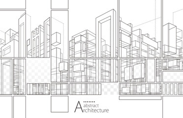 3D illustration Imagination architecture building construction perspective design, abstract modern urban building out-line black and white drawing. - 516680389