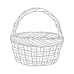 Coloring, an empty wicker basket is hand-drawn with a black line isolated on a white background. Outline drawing.