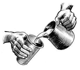 Baristas hands making cappuccino. Ink black and white drawing