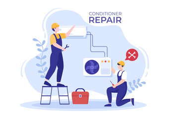 Air Conditioner Repair or Installation Illustration with Unit Breakdown, Maintenance Service, Cooling System in Flat Style Cartoon Concept