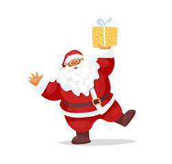 Funny dancing Santa Claus holding a gift. Flat cartoon character, Saint Nicholas. Merry Christmas and Happy New Year. Vector illustration isolated on white background.