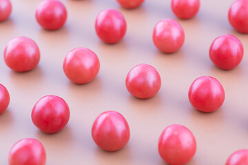 A large number of neatly arranged small tomatoes