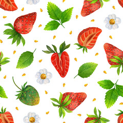 Fresh strawberry seamless watercolor pattern. Whole sweet berry, cut in half, unripe green fruit, leaves, blooming flower. Wild meadow dessert. Hand drawn bright summer food