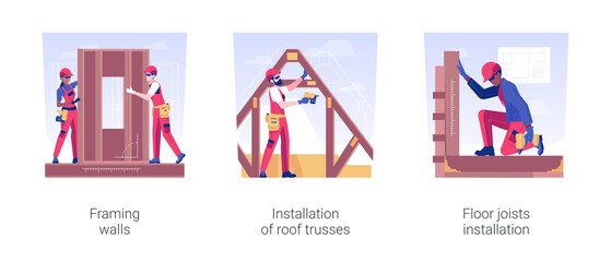 Rough carpentry in residential building isolated concept vector illustration set. Framing walls, installation of roof trusses, floor joists, construction process, hire contractor vector cartoon.