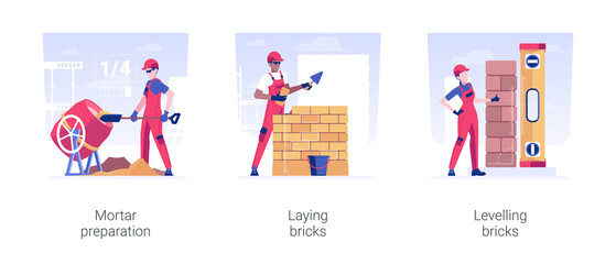 Masonry in private house building isolated concept vector illustration set. Mortar preparation, laying and levelling bricks, brickwork and block work, hire contractor vector cartoon.