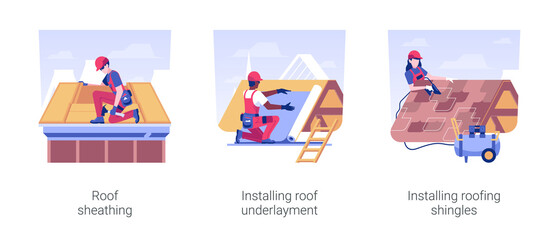 Private house roofing isolated concept vector illustration set. Roof sheathing, installing roof underlayment and shingles, contractors setting tiles, residential area construction vector cartoon. © Vector Juice