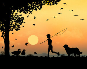 A boy with a fishing pole and his dog are seen walking as leaves fall from a maple tree and canada geese fly and sit nearby in a 3-d illustration.