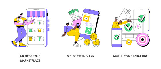 Online retail abstract concept vector illustration set. Niche service marketplace, app monetization, multi-device targeting, buy and sell products, startup launch, mobile user abstract metaphor.