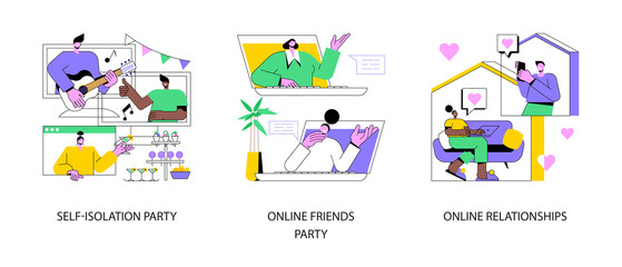Isolation entertainment abstract concept vector illustration set. Self-isolation party, online friends party, virtual dating, zoom videoconference, virtual chat, social network abstract metaphor.