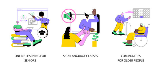 Fototapeta premium Senior community and education abstract concept vector illustration set. Online learning for seniors, sign language classes, communities for older people, free course, silent speech abstract metaphor.