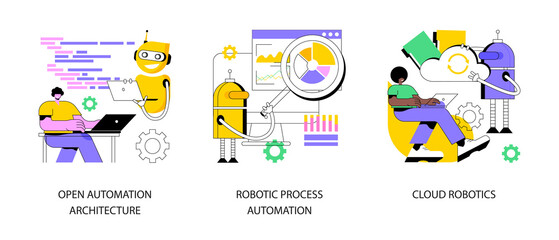 AI-based software abstract concept vector illustration set. Open automation architecture, robotic process automation, cloud artificial intelligence, remote machine learning abstract metaphor.