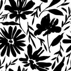 Wild flowers silhouettes vector seamless pattern. Camomile or daisy painted by brush. Small branches with leaves, stems with flowers. Abstract plant motif. Black brush painted floral ornament. 