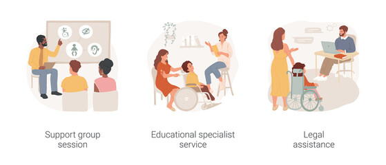 Children with disability parents training isolated cartoon vector illustration set. Support group session, educational specialist service, legal assistance, kids with special needs vector cartoon.