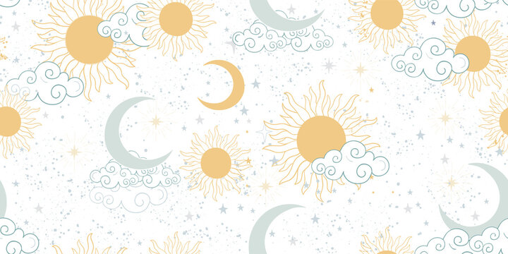 Pastel pattern with moon, sun, clouds. Flat vector seamless space ornament for white fabric, scrapbooking design, astrological background. Modern vector illustration.