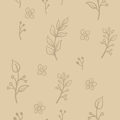 Leaves and flowers seamless pattern. Doodle nature elements background texture. Botanical design.