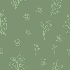 Leaves and flowers seamless pattern. Doodle nature elements background texture. Botanical design.