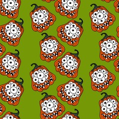 Halloween seamless monster pumpkins with eyes pattern for wrapping paper and fabrics and accessories and kids