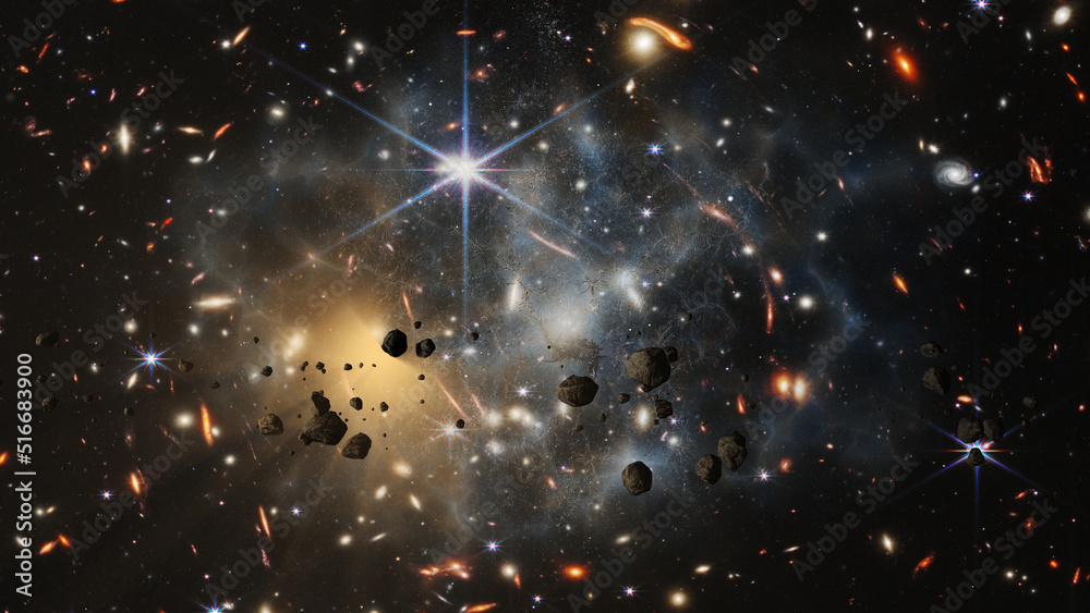 Poster deep space travel. part of the first image from nasa's new james webb space telescope has been used 