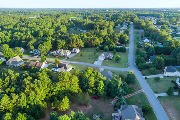Aerial top view panorama of a Inman small town city of residential district at suburban development with an South Carolina US - obrazy, fototapety, plakaty