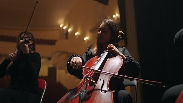string instruments in symphonic orchestra, cellist and violinist are playing on scene of philharmonic hall
