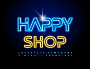 Vector glowing banner Happy Shop. Bright Trendy Font. Neon Alphabet Letters and Numbers set