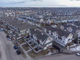 neighbourhood in edmonton, alberta, canada with dense housing drone shot