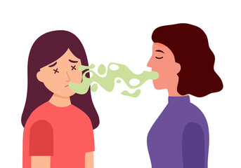 Woman with bad breath talking with her colleague in flat design on white background. Smelly mouth concept vector illustration.