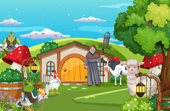 Fantasy cartoon scene with farm animals