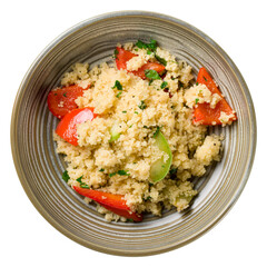 couscous with vegetables on bowl isolated on white background top view