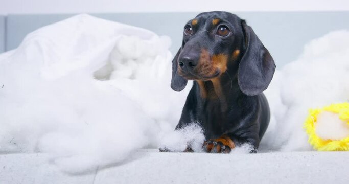 Playful dachshund dog tries to remove stuffing from nose sitting in messy room. Black domestic animal falls down into white toy filling closeup