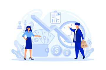 Decline stage concept set. Finance crisis with falling down graph and income decrease. Idea of bancruptcy and business risk. Money loss.