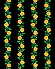 Bright folk summer floral pattern Sunflower, poppy and chamomile flowers on a black background