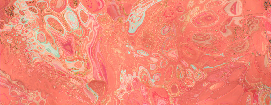 Flowing Abstract Art Banner in Beautiful Coral and Pink colors. Paint texture with Gold Glitter.