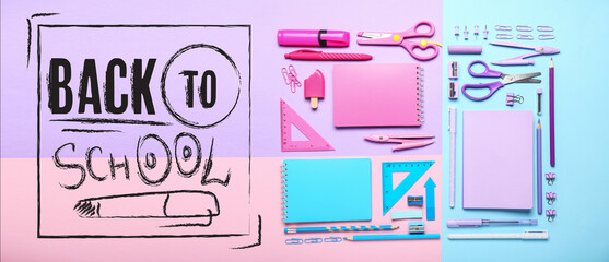 Different stationery on colorful background, top view. Back to school