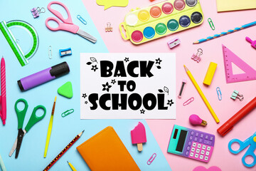 Different stationery on colorful background, top view. Back to school