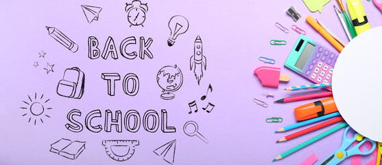 Different stationery on lilac background, top view. Back to school