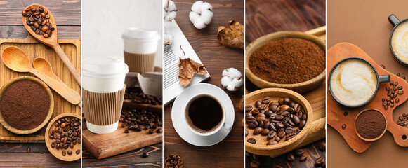 Set of hot coffee with beans and powder on table