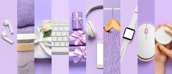Creative collage of different photos in violet colors
